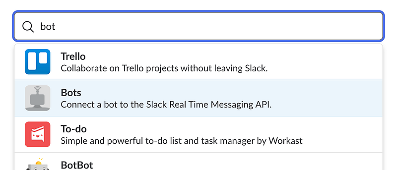 Searching for the "Bots" integration in Slack
