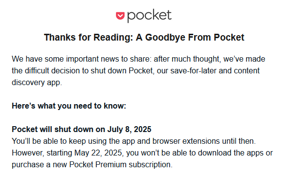 Pocket retirement email