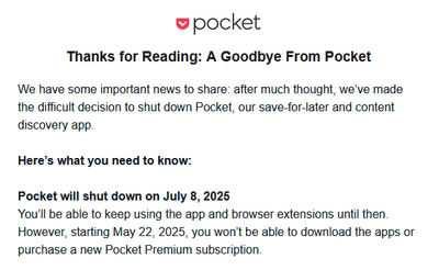 Pocket retirement email
