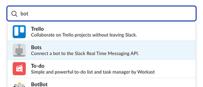 Searching for the "Bots" integration in Slack